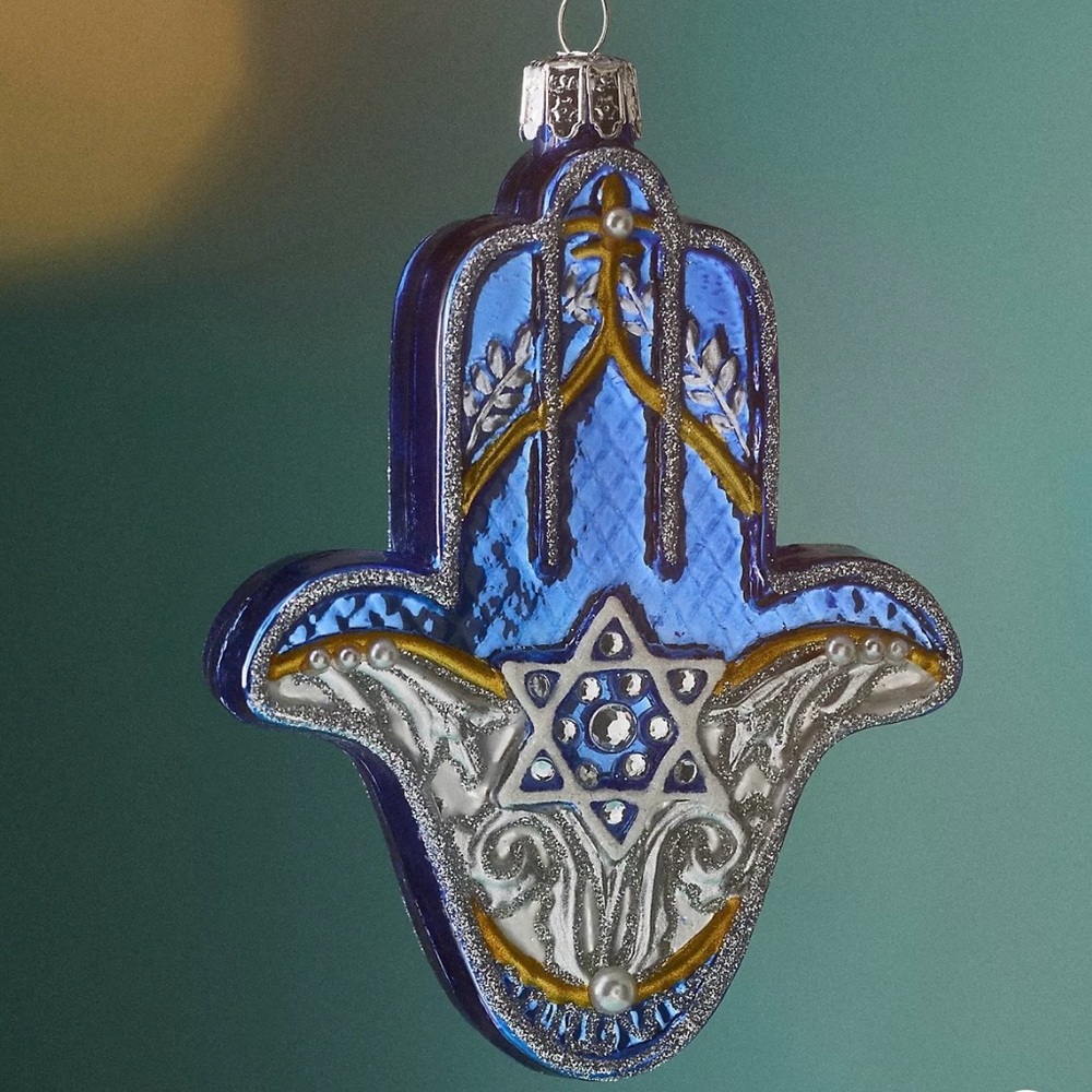 Anthropologie Blue Hamsa Hand Ornament - Perfect for Hanukkah Celebrations 4.75”